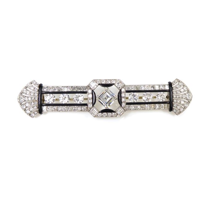 Marchak   - Art Deco diamond and black enamel rectangular cluster brooch | MasterArt